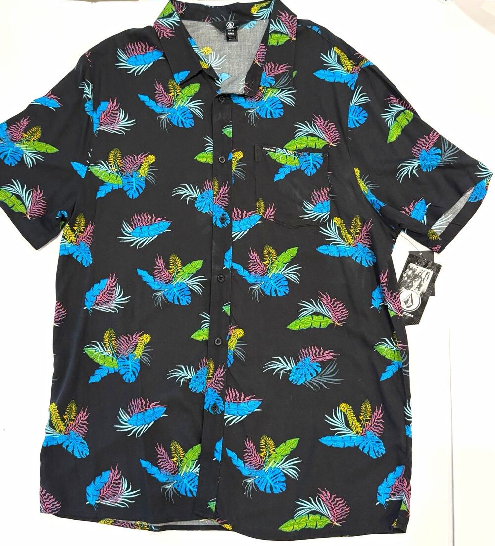 Volcom High Ball Men’s XL Black Tropical Floral Short Sleeve Button Up Shirt NWT